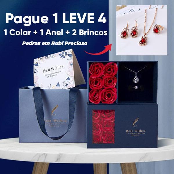 Caixa Baumont com Pedras em Rubi: Colar + Brincos + Anel + Rosas Perfumadas: Dia das Mães 30%OFF ❤️